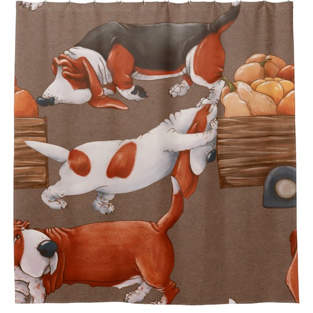 Basset Hound dogs are carrying a cart with pumpkin (Front)