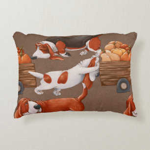 Basset Hound dogs are carrying a cart with pumpkin Accent Pillow