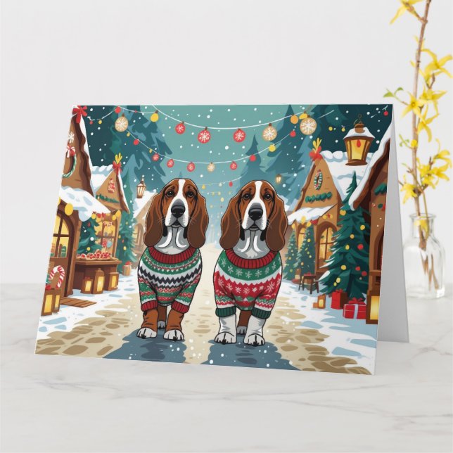 Basset Hound Dogs Christmas Snow Holiday Card (Yellow Flower)