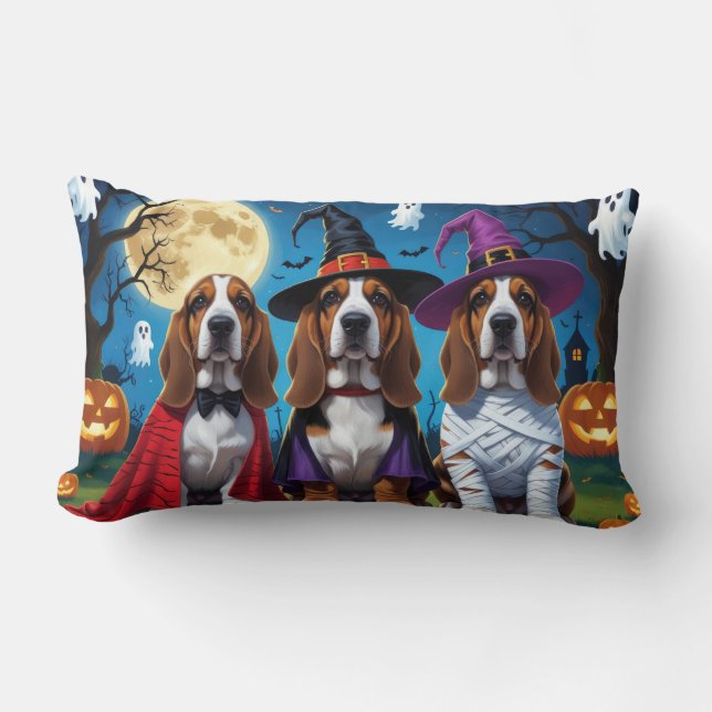 Basset Hound Dogs Pumpkin Halloween Funny Lumbar Pillow (Front)