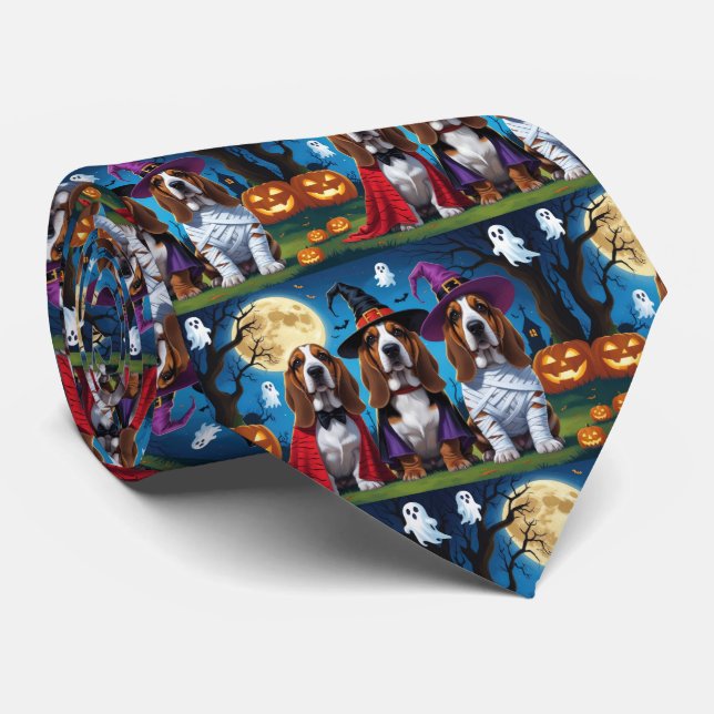 Basset Hound Dogs Pumpkin Halloween Funny Tie (Rolled)