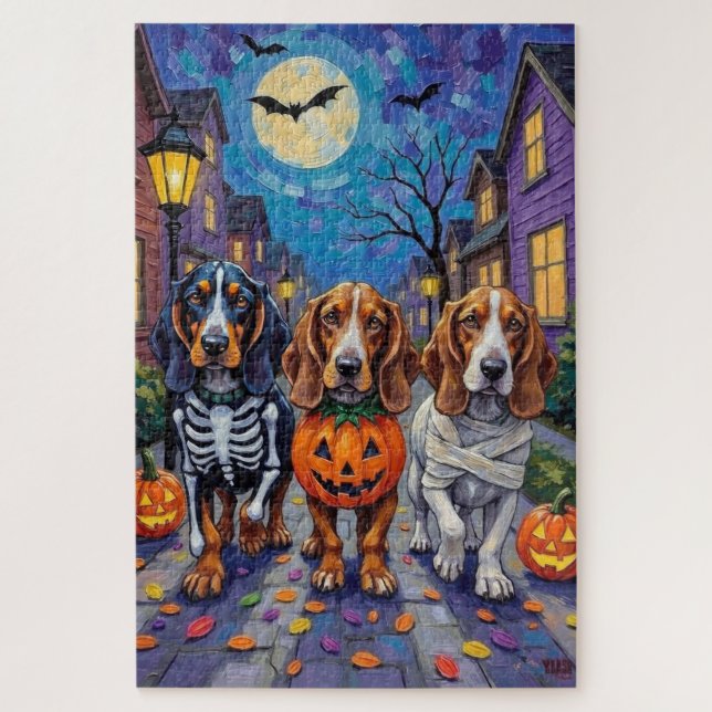 Basset Hound Dogs Trick-or-Treating in Halloween  Jigsaw Puzzle (Vertical)