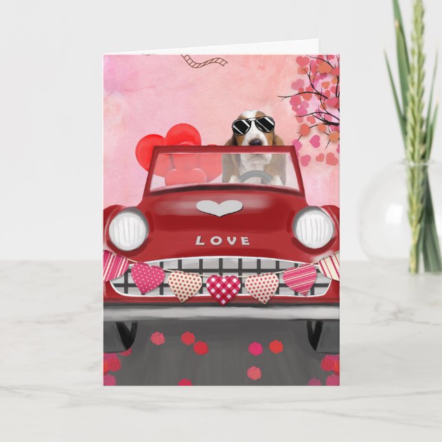 Basset Hound Driving Car with Hearts Valentine's   Card (Front)