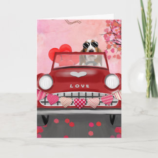 Basset Hound Driving Car with Hearts Valentine's   Card