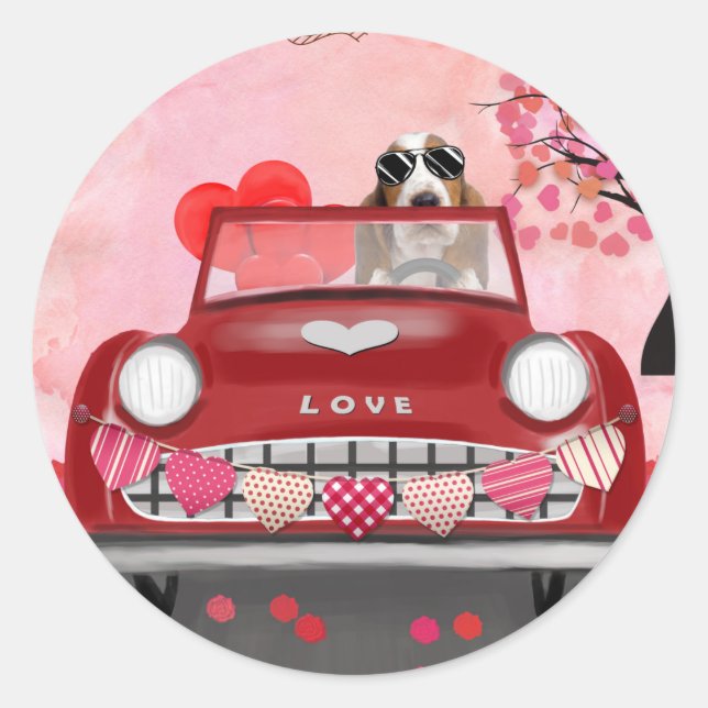 Basset Hound Driving Car with Hearts Valentine's   Classic Round Sticker (Front)