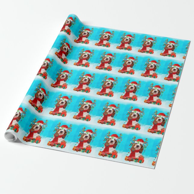 basset hound enjoying in snow with christmas gifts wrapping paper (Unrolled)