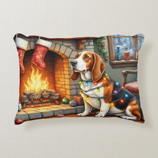 Basset Hound Fireplace with Christmas Lights Accent Pillow (Front)