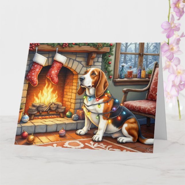 Basset Hound Fireplace with Christmas Lights Card (Orchid)
