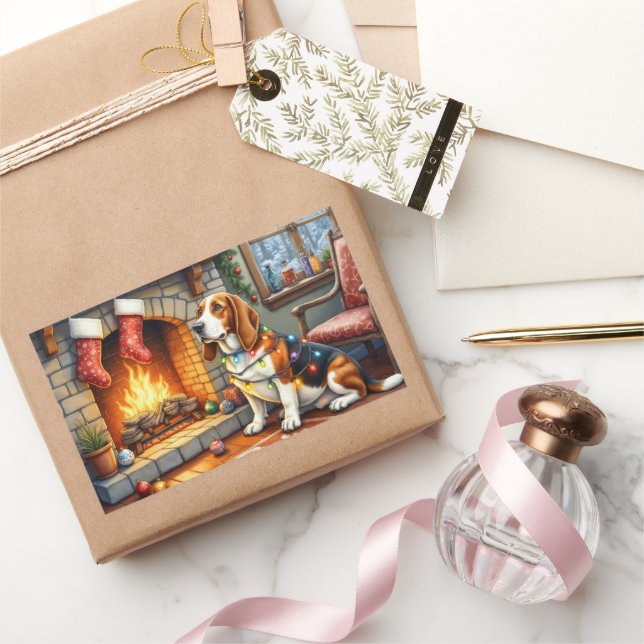 Basset Hound Fireplace with Christmas Lights Sticker (Gifting)