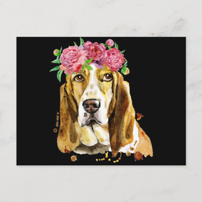 basset hound flower crown watercolor art dog mom postcard (Front)
