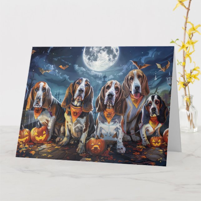 Basset Hound Halloween Spooky Card (Yellow Flower)