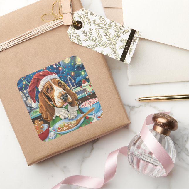 Basset Hound Holiday Baking: Festive Christmas Square Sticker (Gifting)