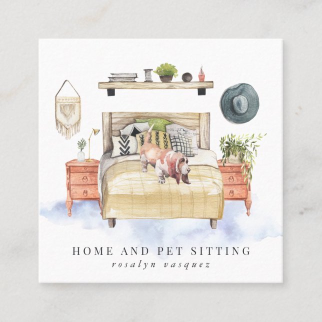 Basset Hound | Home and Pet Sitting Square Business Card (Front)