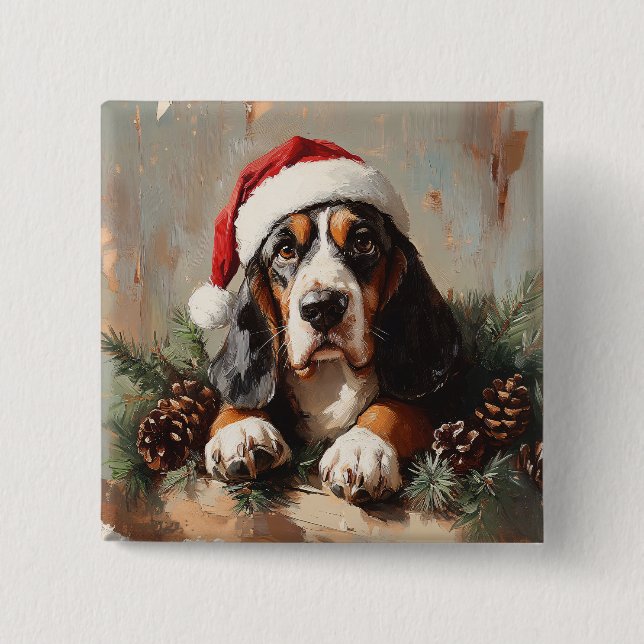 Basset Hound in a Santa Hat Oil Painting 2 Inch Square Button (Front)