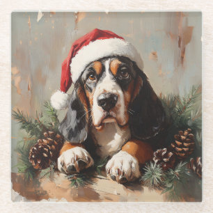 Basset Hound in a Santa Hat Oil Painting Glass Coaster