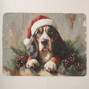 Basset Hound in a Santa Hat Oil Painting Sherpa Blanket