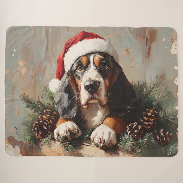 Basset Hound in a Santa Hat Oil Painting Sherpa Blanket (Front (Horizontal))