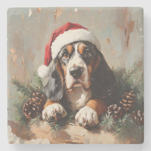 Basset Hound in a Santa Hat Oil Painting Stone Coaster
