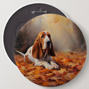 Basset Hound in Autumn Leaves Fall Inspire 6 Inch Round Button