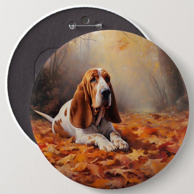 Basset Hound in Autumn Leaves Fall Inspire 6 Inch Round Button (Front & Back)
