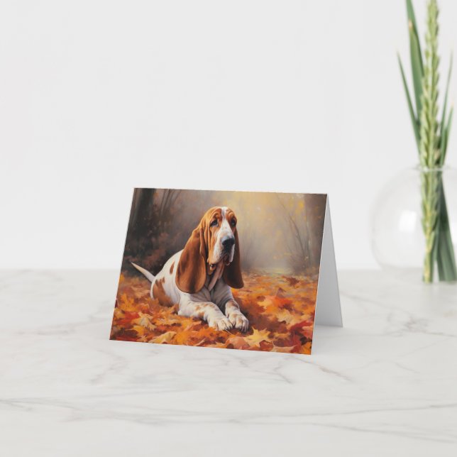 Basset Hound in Autumn Leaves Fall Inspire Card (Front)