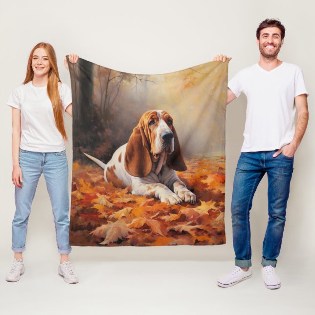 Basset Hound in Autumn Leaves Fall Inspire Fleece Blanket (In Situ)