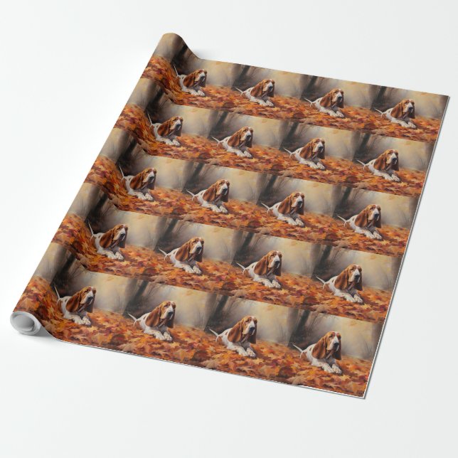 Basset Hound in Autumn Leaves Fall Inspire Wrapping Paper (Unrolled)