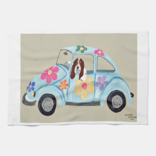 Basset Hound in Hippie car Kitchen Towel