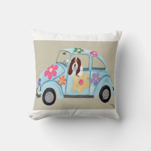 Basset Hound in Hippie Car Throw Pillow