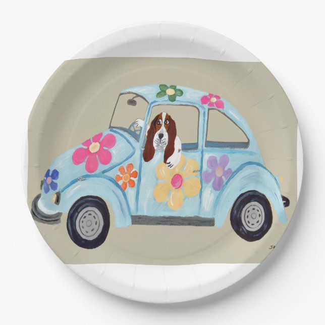  Basset Hound in Hippy car Paper Plate (Front)