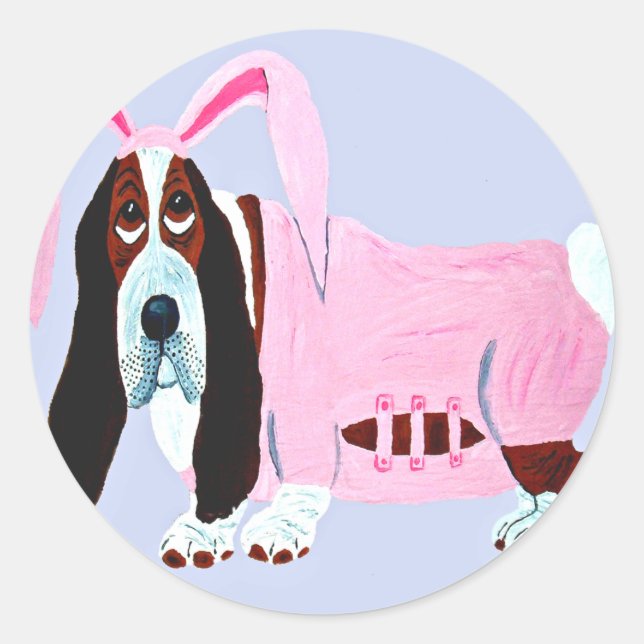 Basset Hound In Pink Bunny Suit Classic Round Sticker (Front)