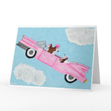 Basset Hound in Pink Convertible in the sky Card