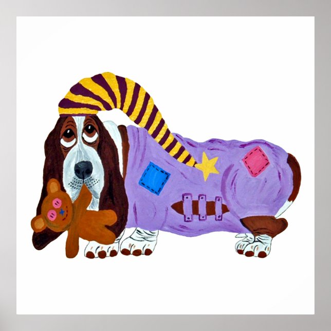 Basset Hound in PJs with teddy bear Poster (Front)