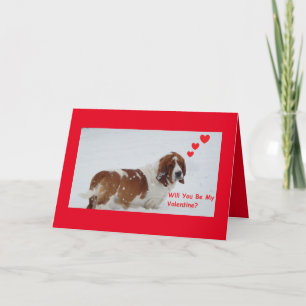Basset hound in snow on Valentine's Day card