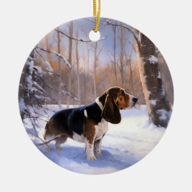 Basset Hound Let It Snow Christmas Ceramic Ornament (Front)