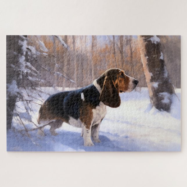 Basset Hound Let It Snow Christmas Jigsaw Puzzle (Horizontal)