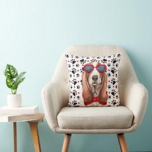 Basset Hound Love and Paw Prints Dog Lover Throw Pillow