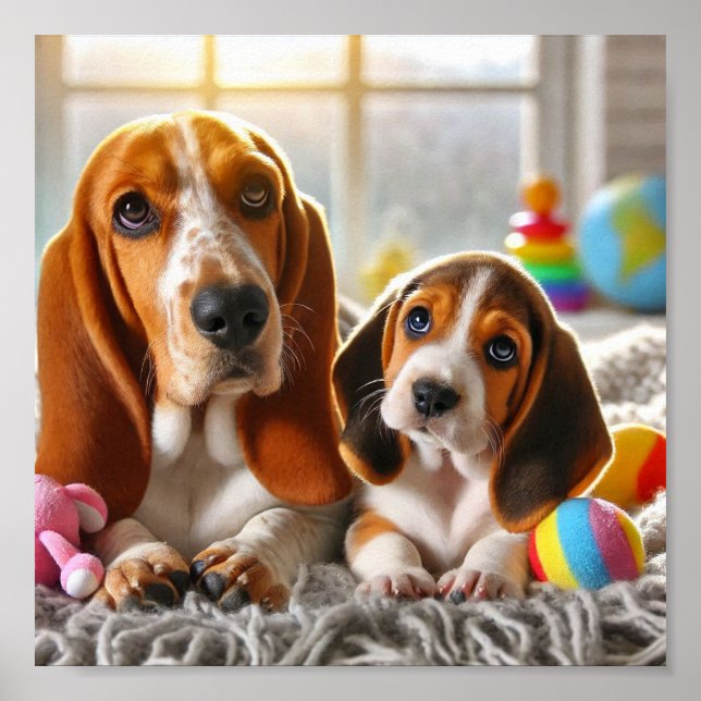 Basset Hound mom and her puppy Poster (Front)