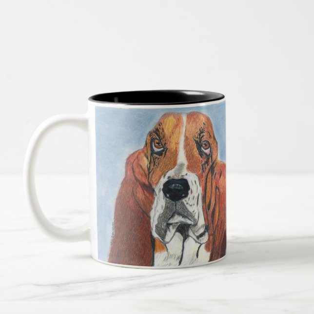 Basset Hound Named Watson a Hand Drawn Creation Two-Tone Coffee Mug (Left)