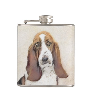 Basset Hound Painting - Cute Original Dog Art Hip Flask