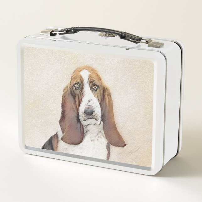 Basset Hound Painting - Cute Original Dog Art Metal Lunch Box (Back)