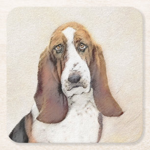 Basset Hound Painting - Cute Original Dog Art Square Paper Coaster
