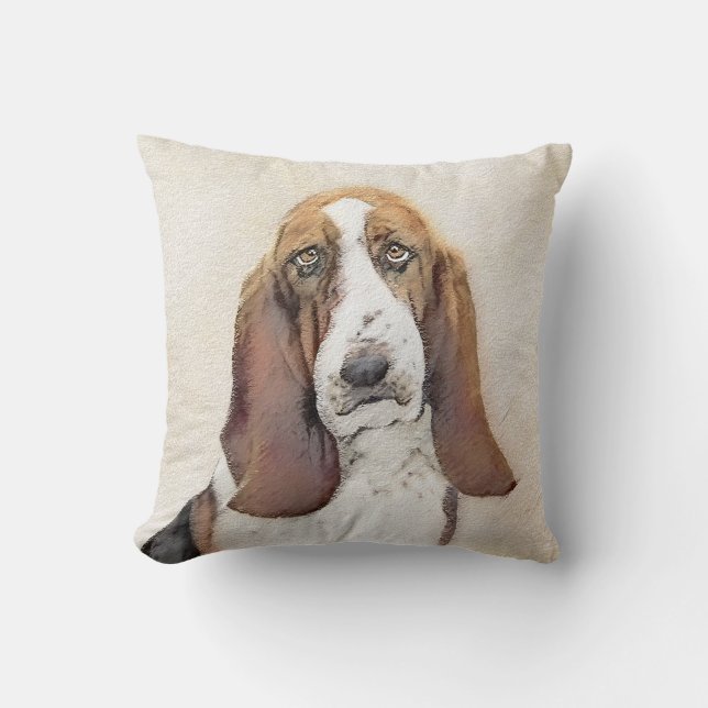 Basset Hound Painting - Cute Original Dog Art Throw Pillow (Front)