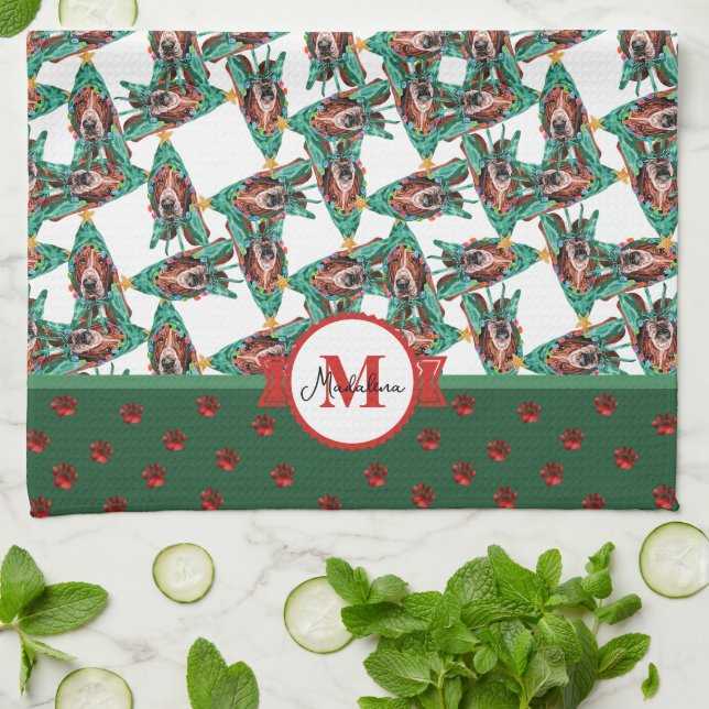 Basset Hound Pattern Monogram Christmas Dog Kitchen Towel (Folded)