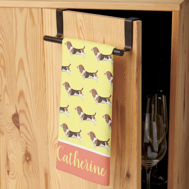 Basset Hound Pattern - Yellow Kitchen Towel (Thirds Fold)
