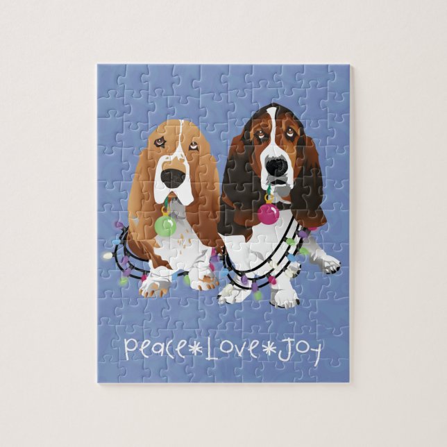 Basset Hound Peace Love Joy Christmas Design Jigsaw Puzzle (Vertical)