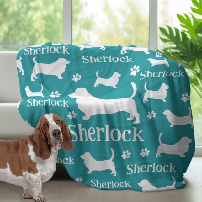 Basset Hound Personalized Dog Blanket Teal Blue (Basset hound blanket)