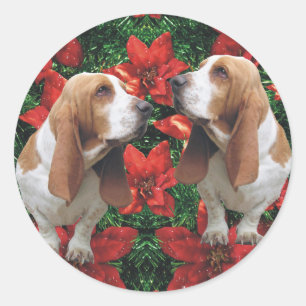 Basset Hound Poinsettia Christmas Classic Round Sticker