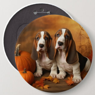 Basset Hound Puppy Autumn Delight Pumpkin 6 Inch Round Button