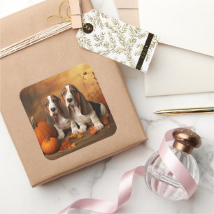 Basset Hound Puppy Autumn Delight Pumpkin  Square Sticker